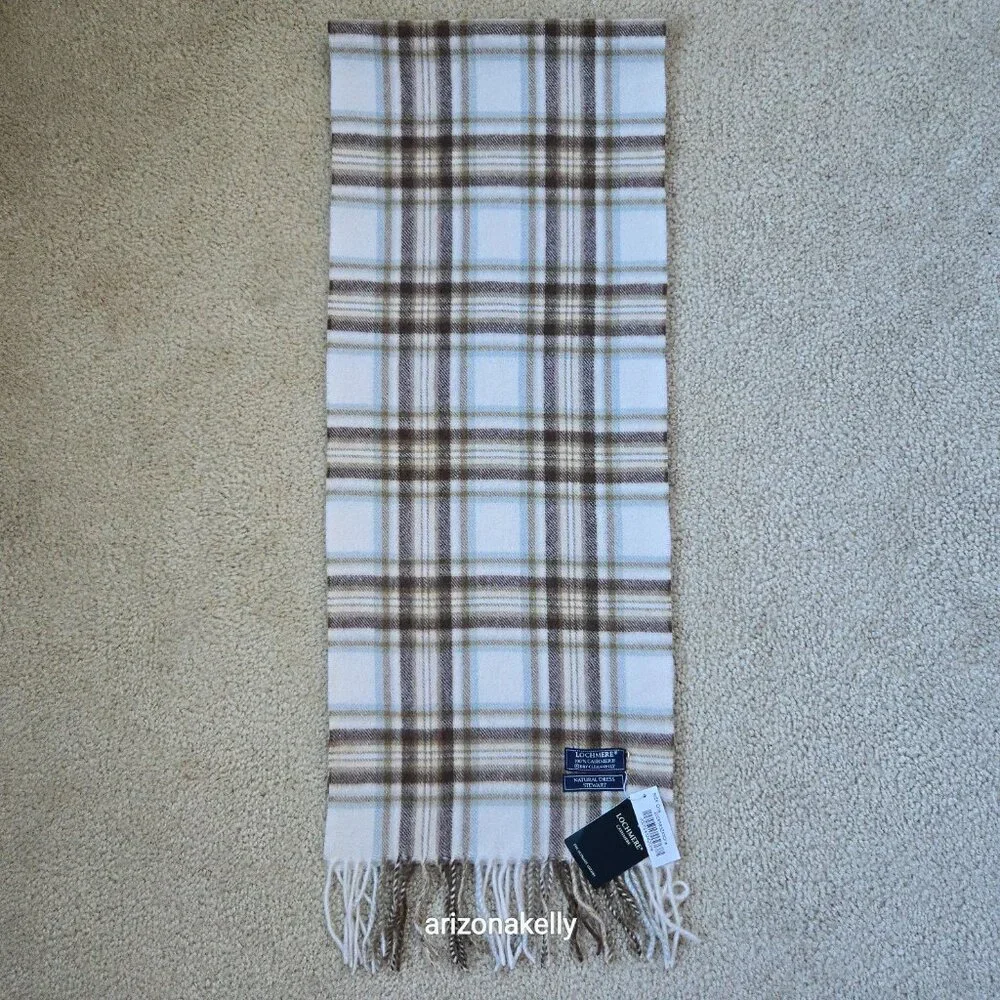 NWT Lochmere Cashmere Scarf Natural Dress Stewart Plaid Brown & Creme